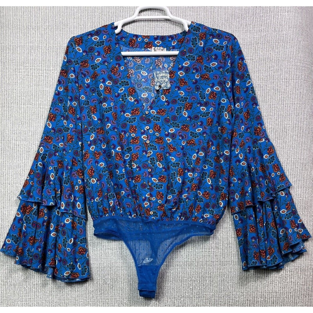 Free People Intimately Womens She’s Dainty Blue Floral Bodysuit Sz M Azure Combo